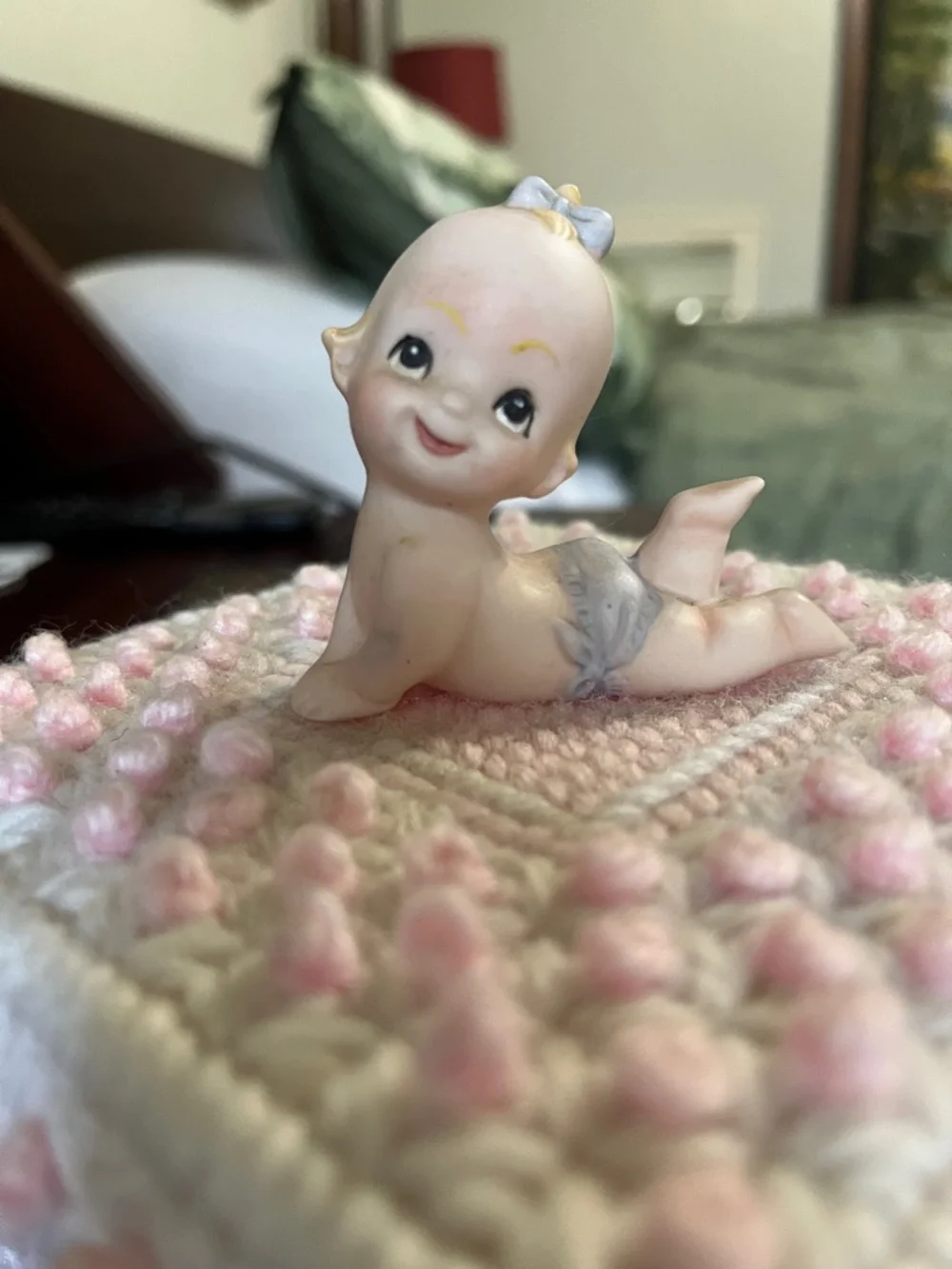 Cream and Pale Pink Crocheted Trinket Box with Ceramic Baby Topper